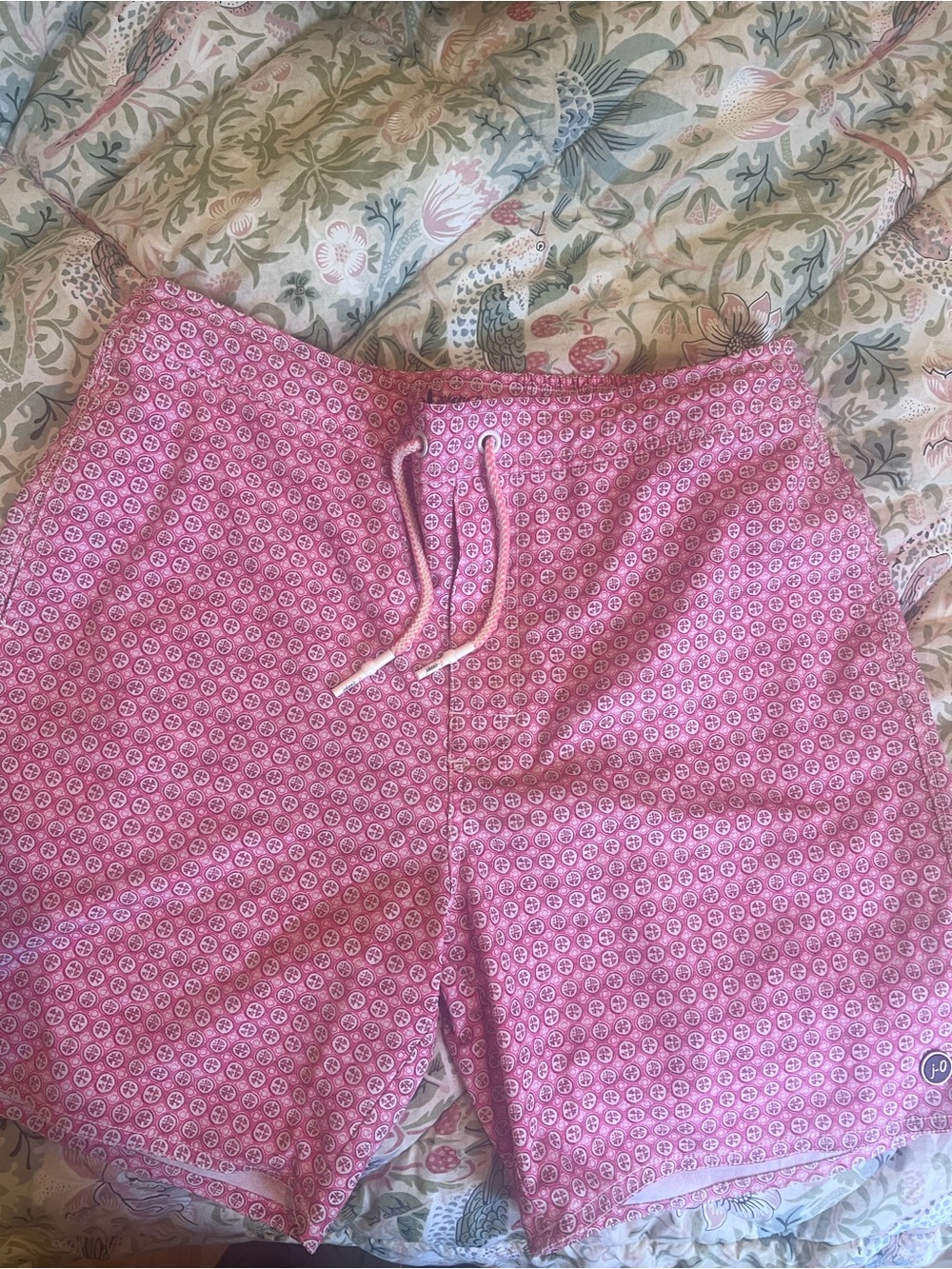 johnnie-O Pink Patterned Drawstring Shorts with White Cord Tips